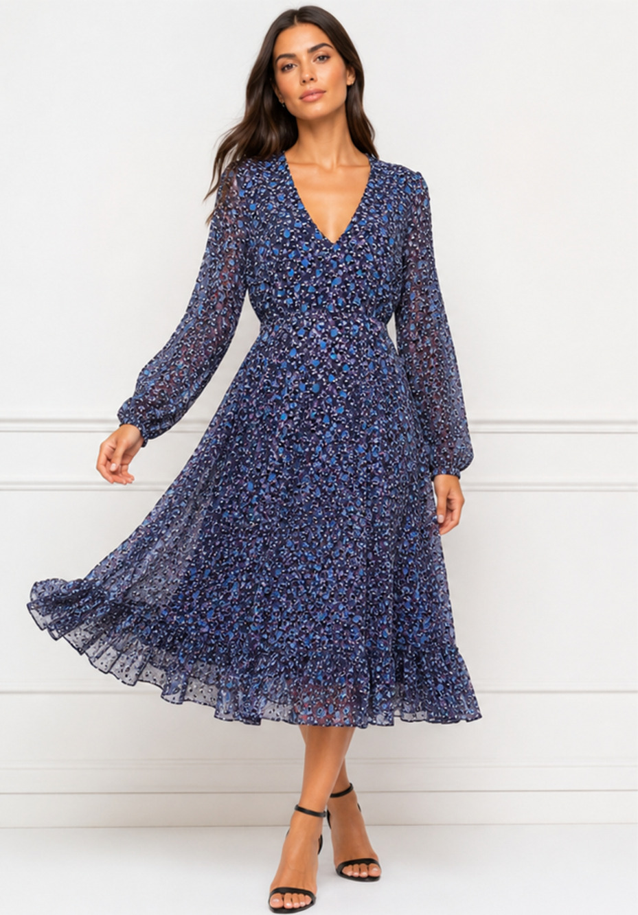 Maje Floral Embellished Midi Dress Long Sleeve V-neck Sz 2 Fit 6 Boho Parisian
